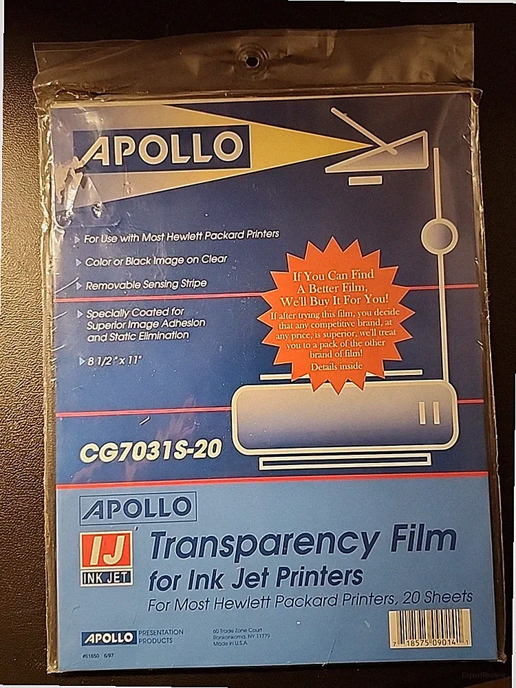Apollo 20 Sheet Transparency Film for Ink Jet Printer Film Brand New 8 1/2 ×11