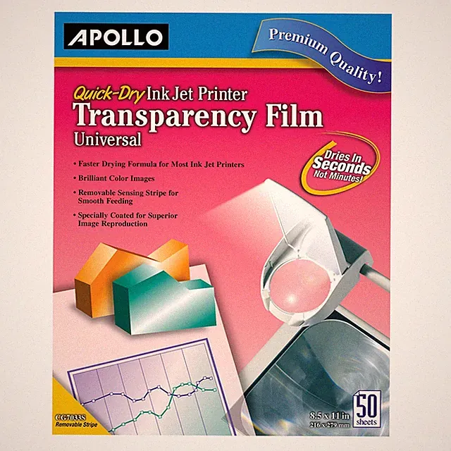 Apollo Inkjet Transparency Film, Universal, Quick Dry, 50 Sheets