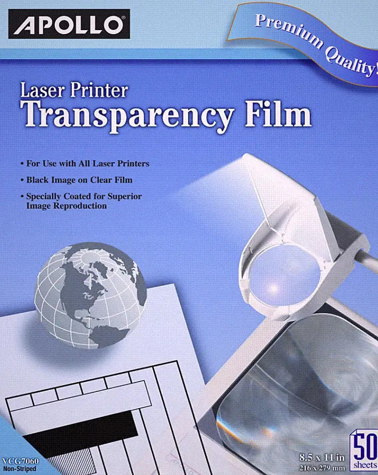 Apollo Laser Printer Transparency Film, 8 1/2" x 11", Box Of 50 Sheets