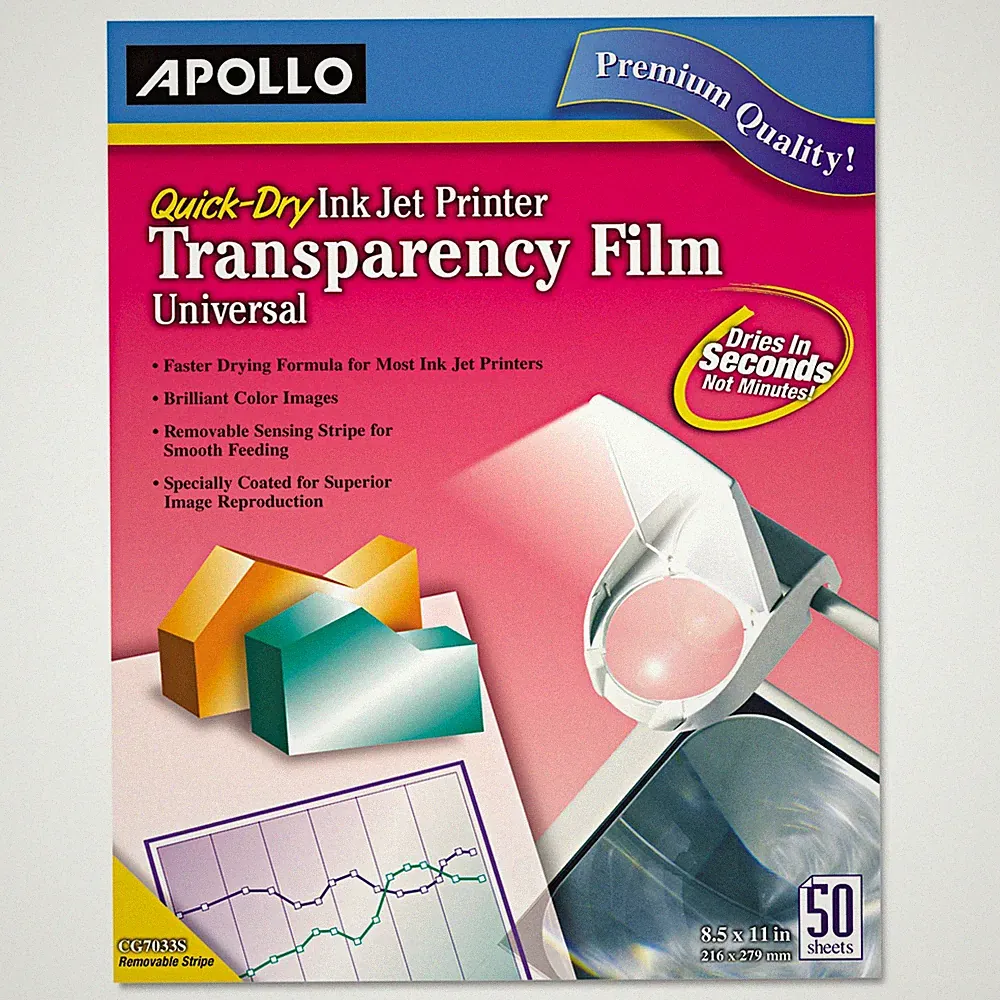 Apollo® Quick-Dry Color Inkjet Transparency Film, Letter, Clear, 50/Box