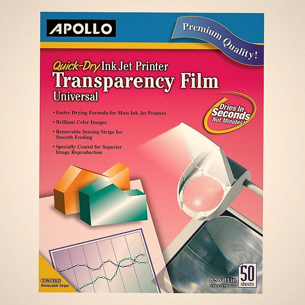 Apollo Transparency Film for Inkjet Printers, Universal, Quick Dry, 50 Sheets