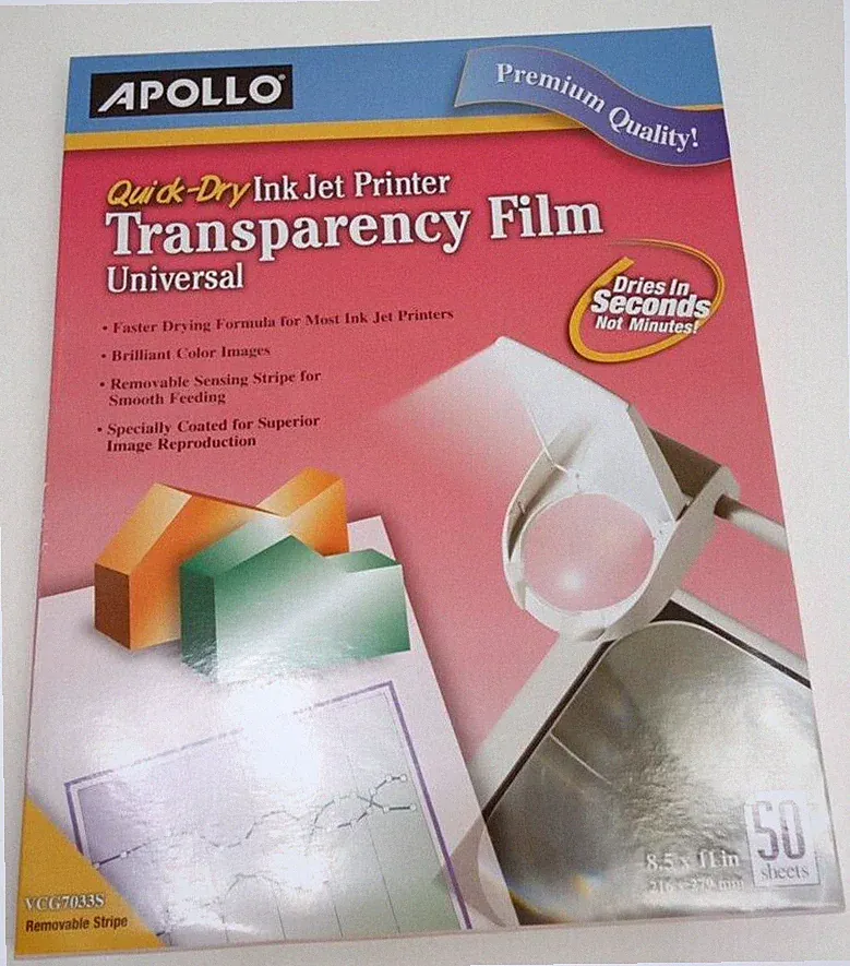 Apollo VCG7033S Quick-Dry Color InkJet Printer Transparency Film 8.5" x 11" 50pk